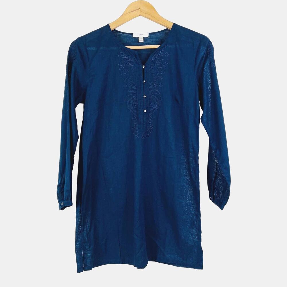 J Crew Size XS Linen Tunic Embroidered Henley Tunic Navy Blue